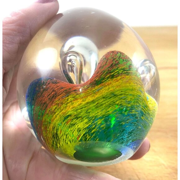 Handcrafted Art Glass Egg Paperweight With Vibrant Swirls & Bubbles - Picture 7 of 7